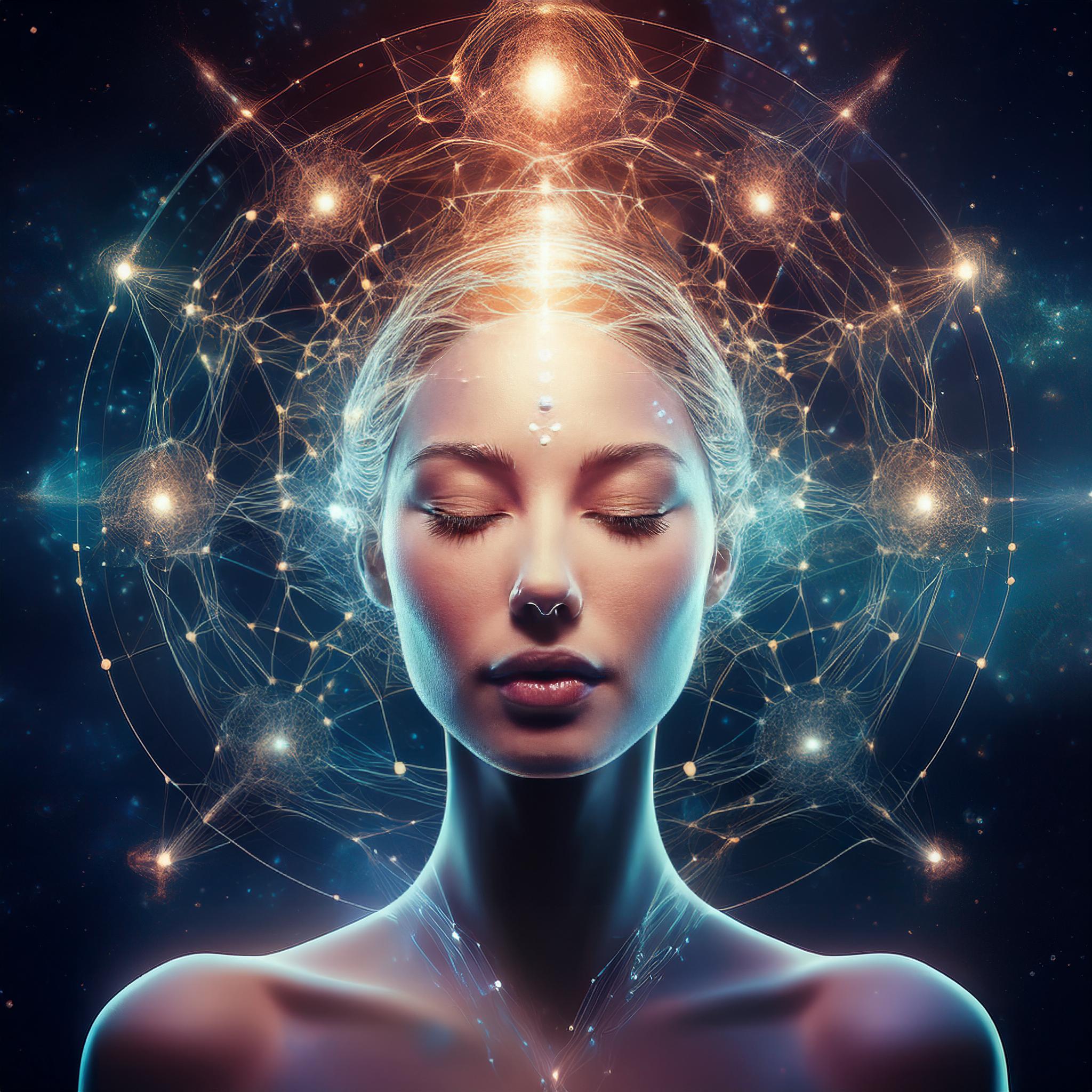 A feminine figure with eyes closed and a luminous cosmic network radiating from her mind, representing inner knowing and intuitive awareness