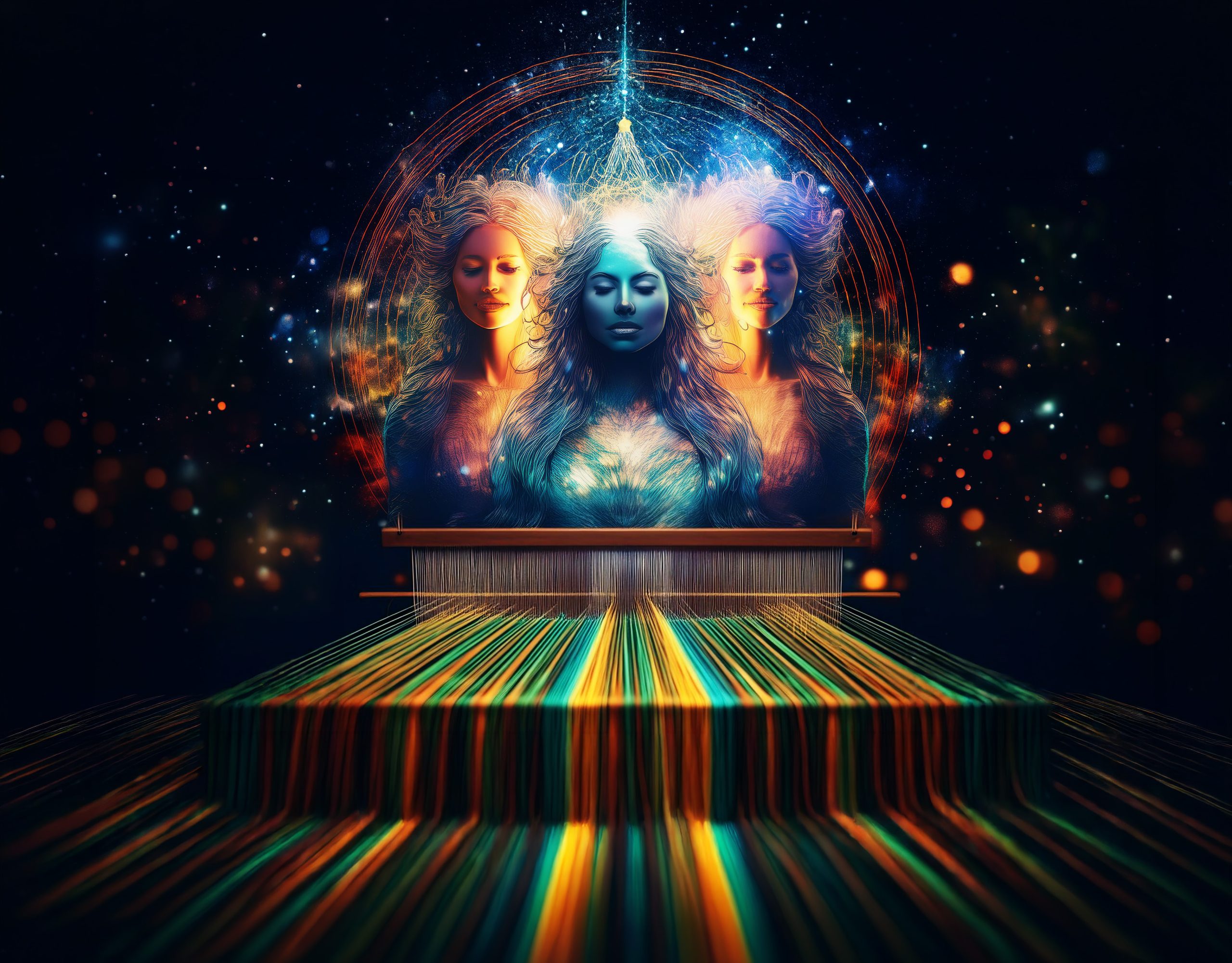 triple feminine figure at a cosmic loom illustrating how tarot works as a pattern reading tool