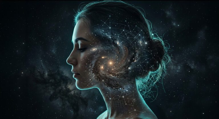 A woman's profile filled with galaxy stars and cosmic light, representing neurodivergent wiring as a clear psychic channel