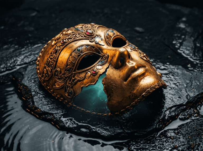 Ornate golden theatrical mask with teal light cracking through it, lying in dark water, fake psychics online can perform the look of real work but cannot hide what is missing underneath