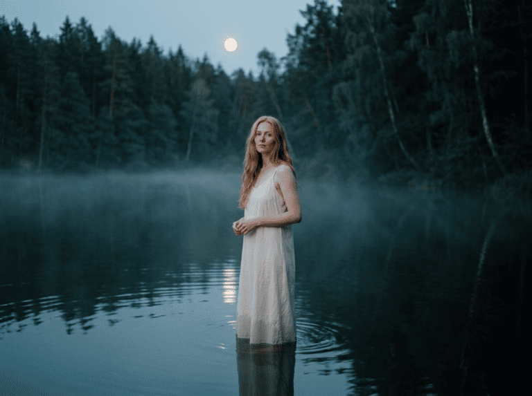 A woman pausing mid-step in a misty moonlit lake at dusk, fog rising around her, looking back with quiet uncertainty, a visual for spiritual discernment by Riki Tarot and Intuition