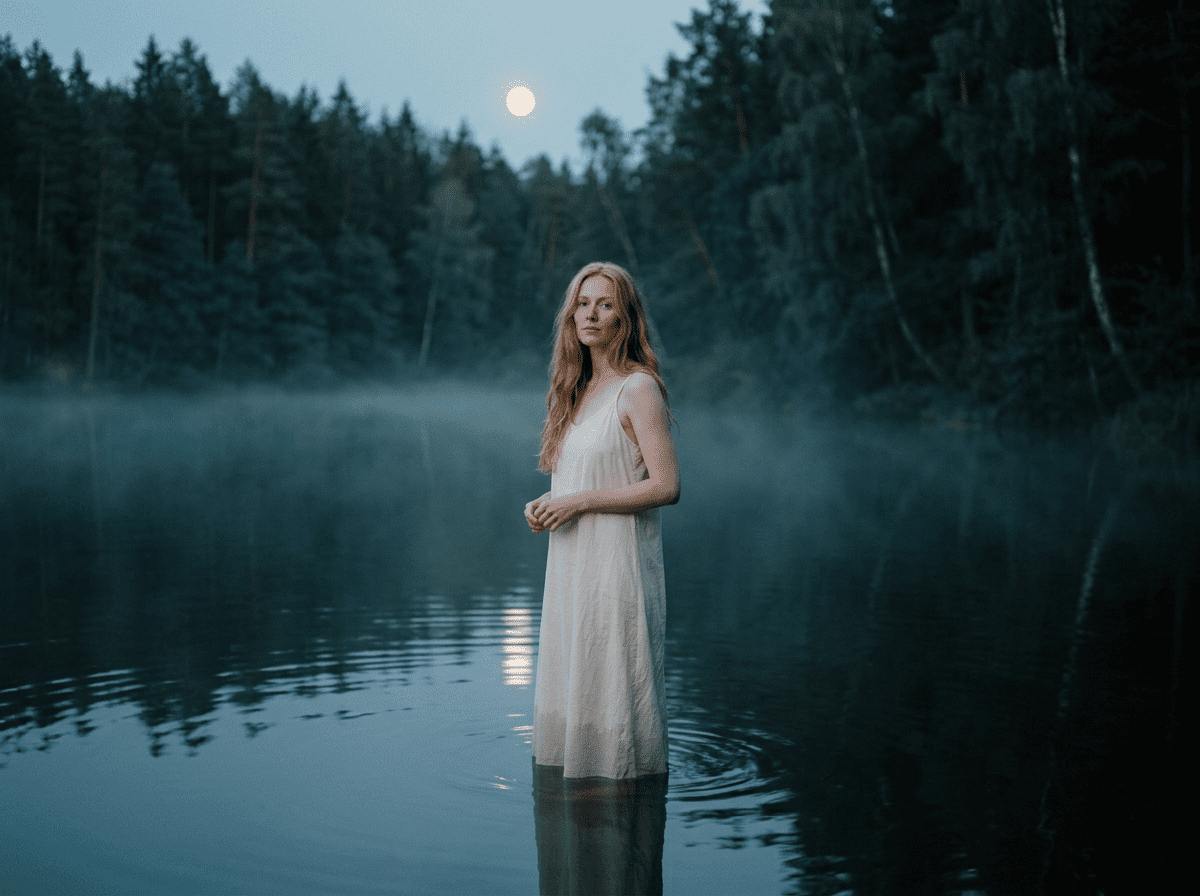 A woman pausing mid-step in a misty moonlit lake at dusk, fog rising around her, looking back with quiet uncertainty, a visual for spiritual discernment by Riki Tarot and Intuition