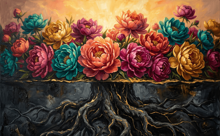Vibrant spring peonies in teal, coral, magenta, and gold blooming above dark winter roots — original artwork by Riki of Riki Tarot and Intuition illustrating cycles of growth and change
