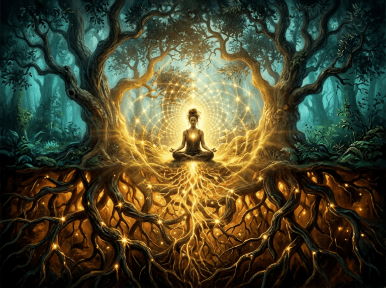 woman meditating with glowing root connections illustrating why psychics don't win the lottery, Riki Tarot and Intuition