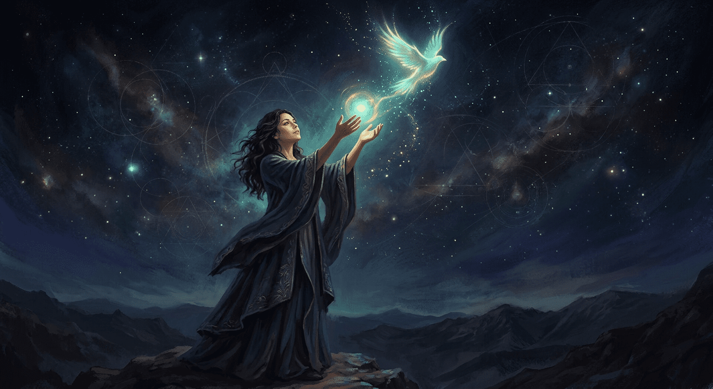 woman releasing a bird into a dark atmospheric sky representing divine timing and releasing control