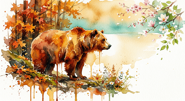 Watercolor bear in profile standing between autumn leaves and spring blossoms with paint drip lines, illustrating the instinct to trust your instincts before the season arrives, original artwork by Riki Tarot and Intuition