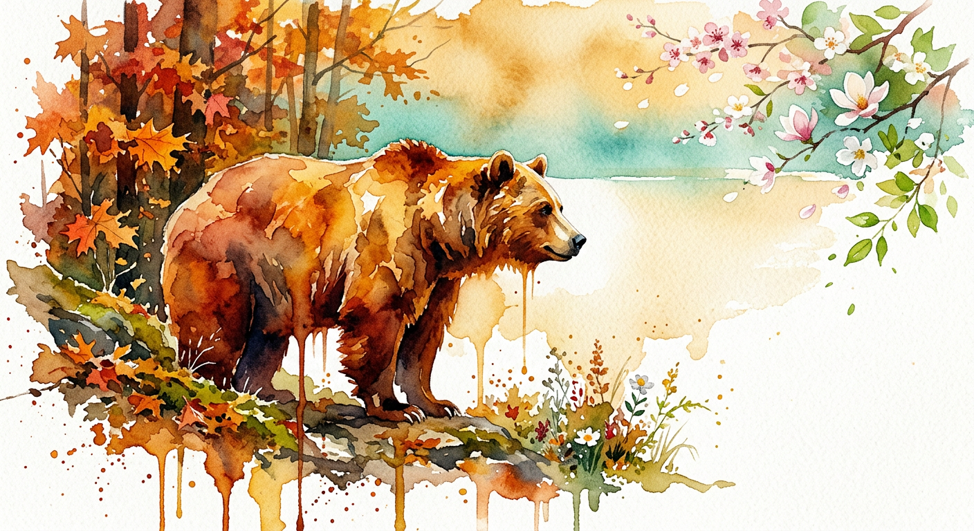 Watercolor bear in profile standing between autumn leaves and spring blossoms with paint drip lines, illustrating the instinct to trust your instincts before the season arrives, original artwork by Riki Tarot and Intuition