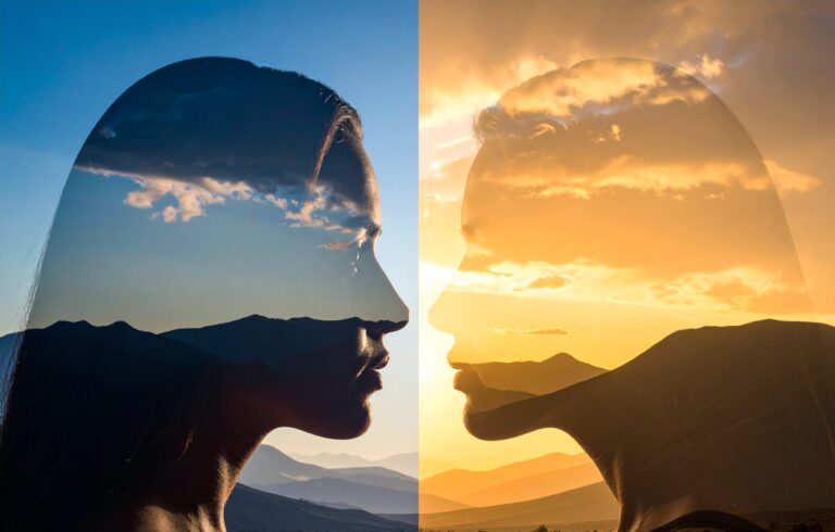 Double exposure portrait of a woman in profile showing the same landscape in two different lights, illustrating how perception shapes psychic accuracy, Riki Tarot and Intuition Edmond Oklahoma.