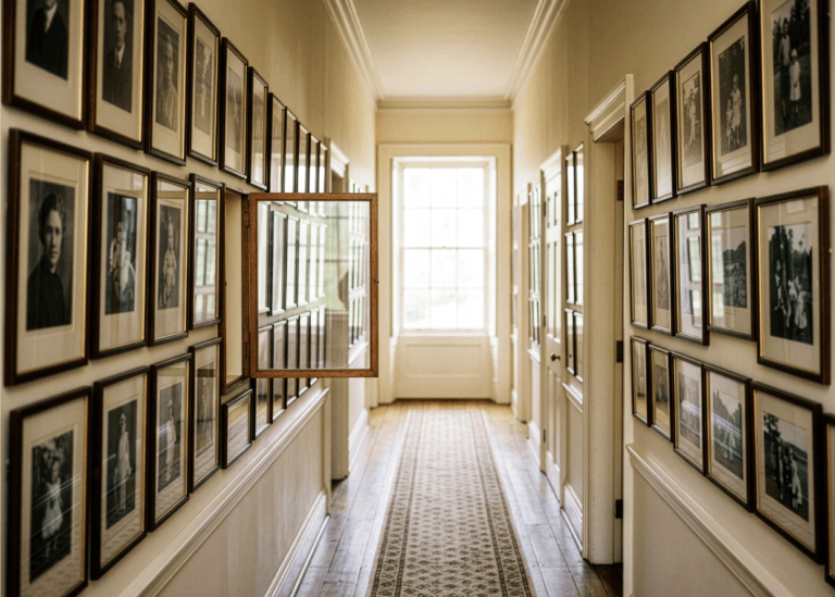 Hallway of framed photographs with one frame left empty, reflecting light, text reads no memory to grab onto