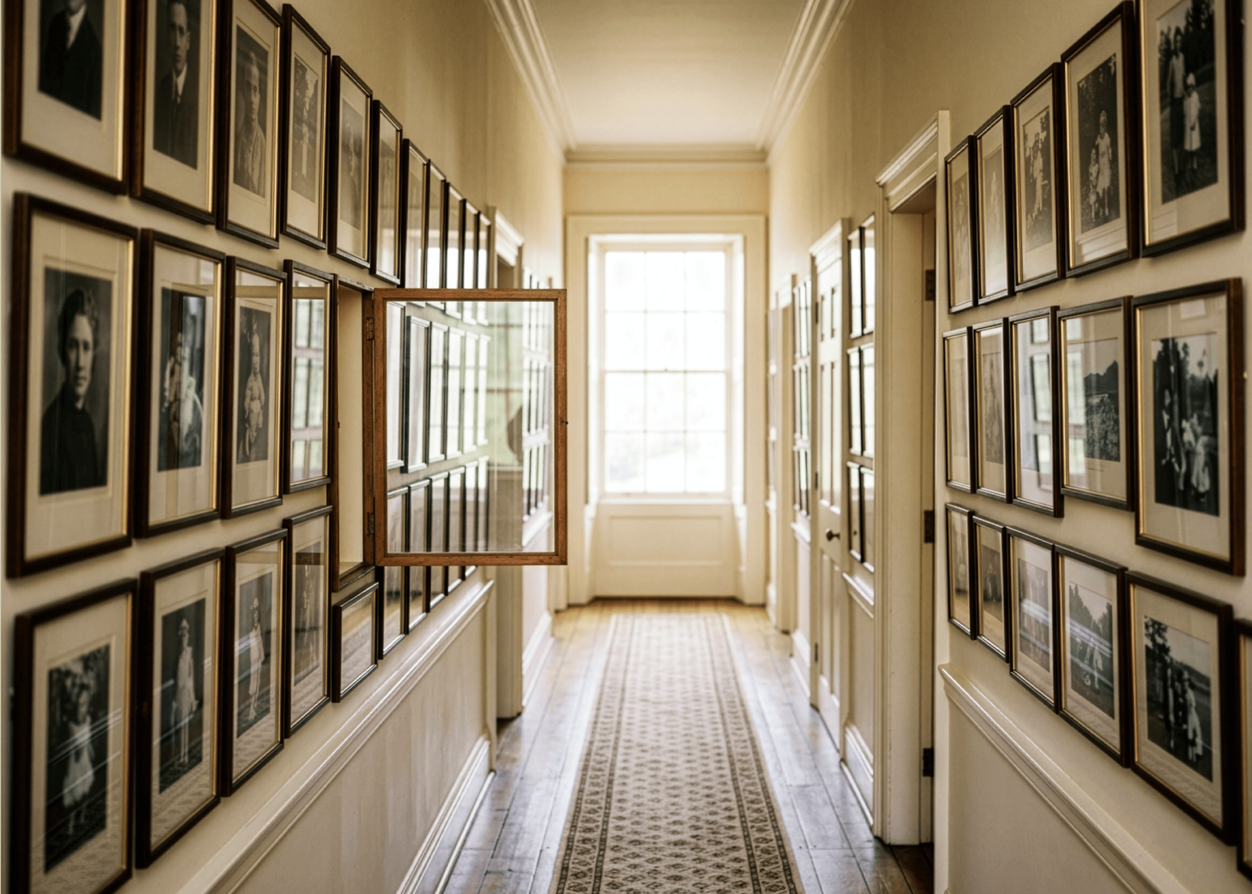 Hallway of framed photographs with one frame left empty, reflecting light, text reads no memory to grab onto