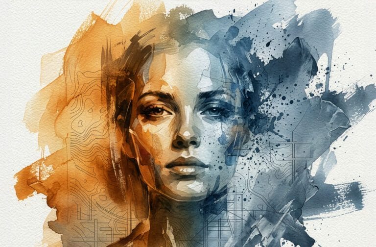 A woman's face split between warm amber and cool blue tones, faint map lines visible beneath the surface representing duality of energy within the individual.