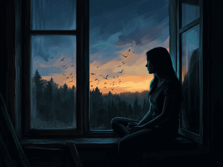 Woman alone at a window at dusk with an empty chair and untouched second mug beside her, illustrating grief and mediumship