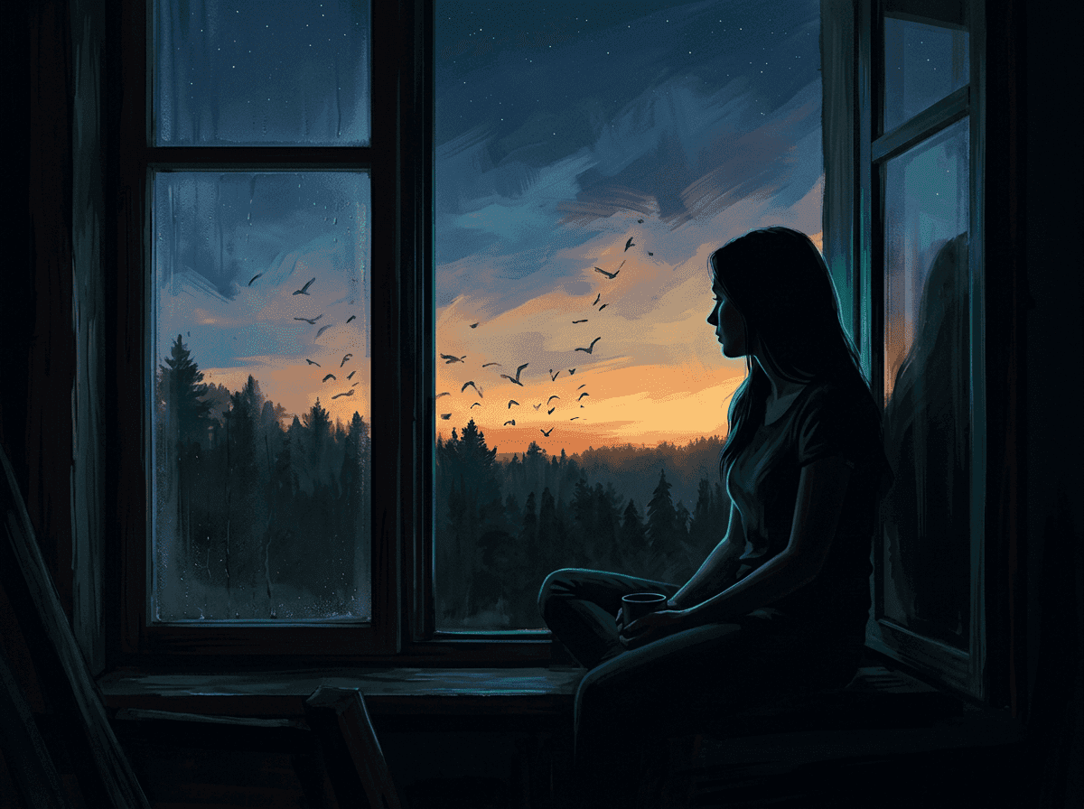 Woman alone at a window at dusk with an empty chair and untouched second mug beside her, illustrating grief and mediumship
