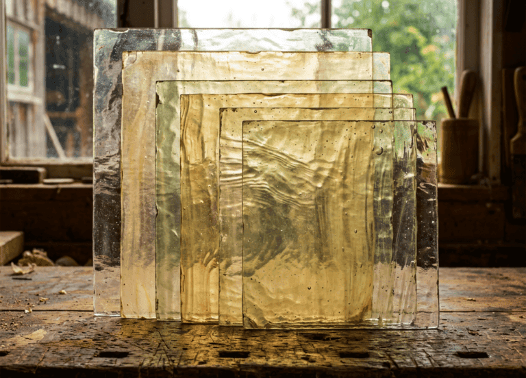 Stacked panes of old hand-blown glass on a workbench with the words you don't have to leave your church to sit at my table