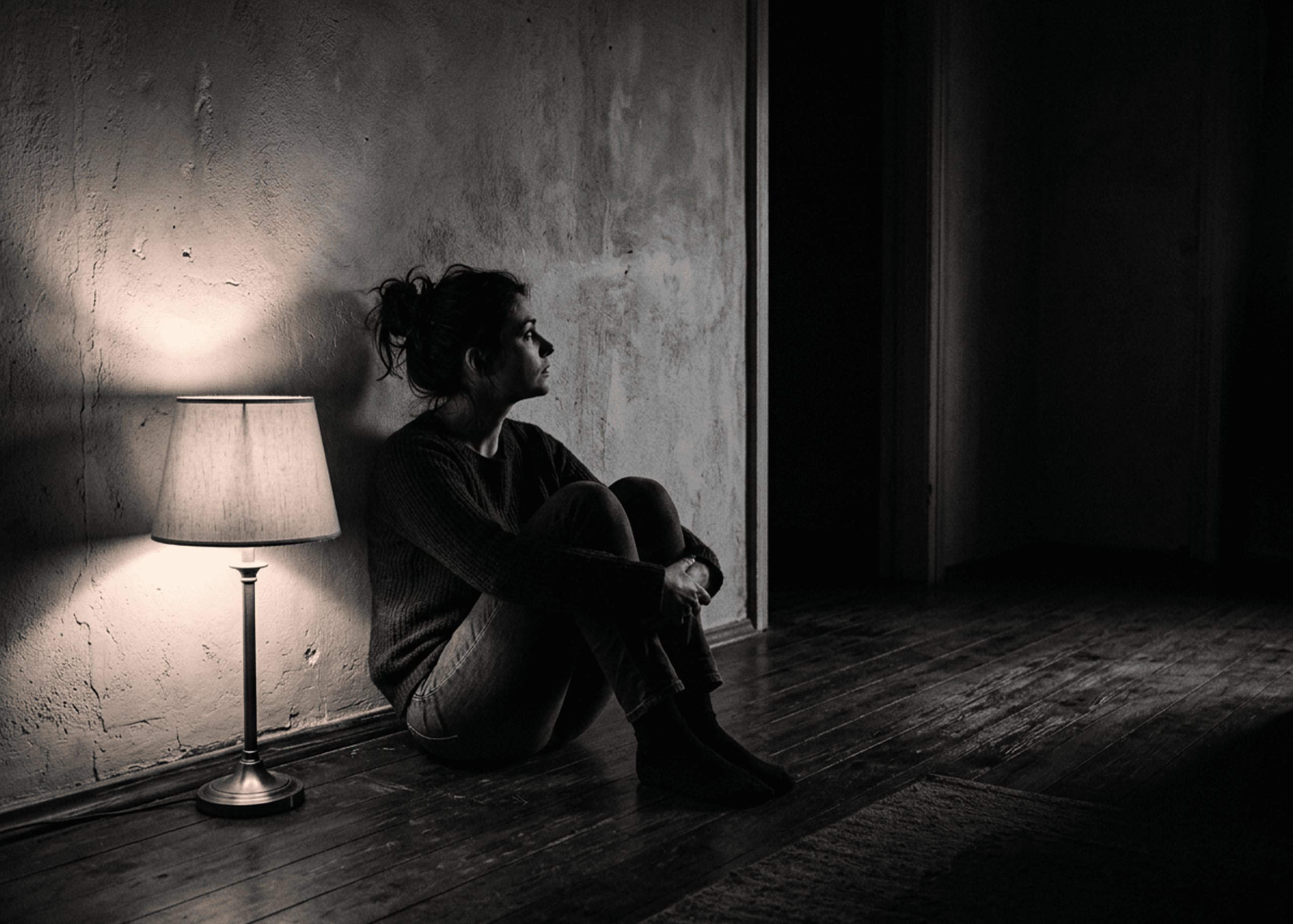 woman sitting against a wall in a dim room looking toward an open doorway, illustrating trauma and intuition
