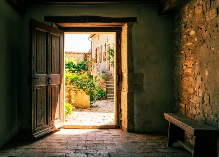 An open wooden door in a shadowed stone entryway, sunlit courtyard beyond, empty doorway, illustrating psychic protection