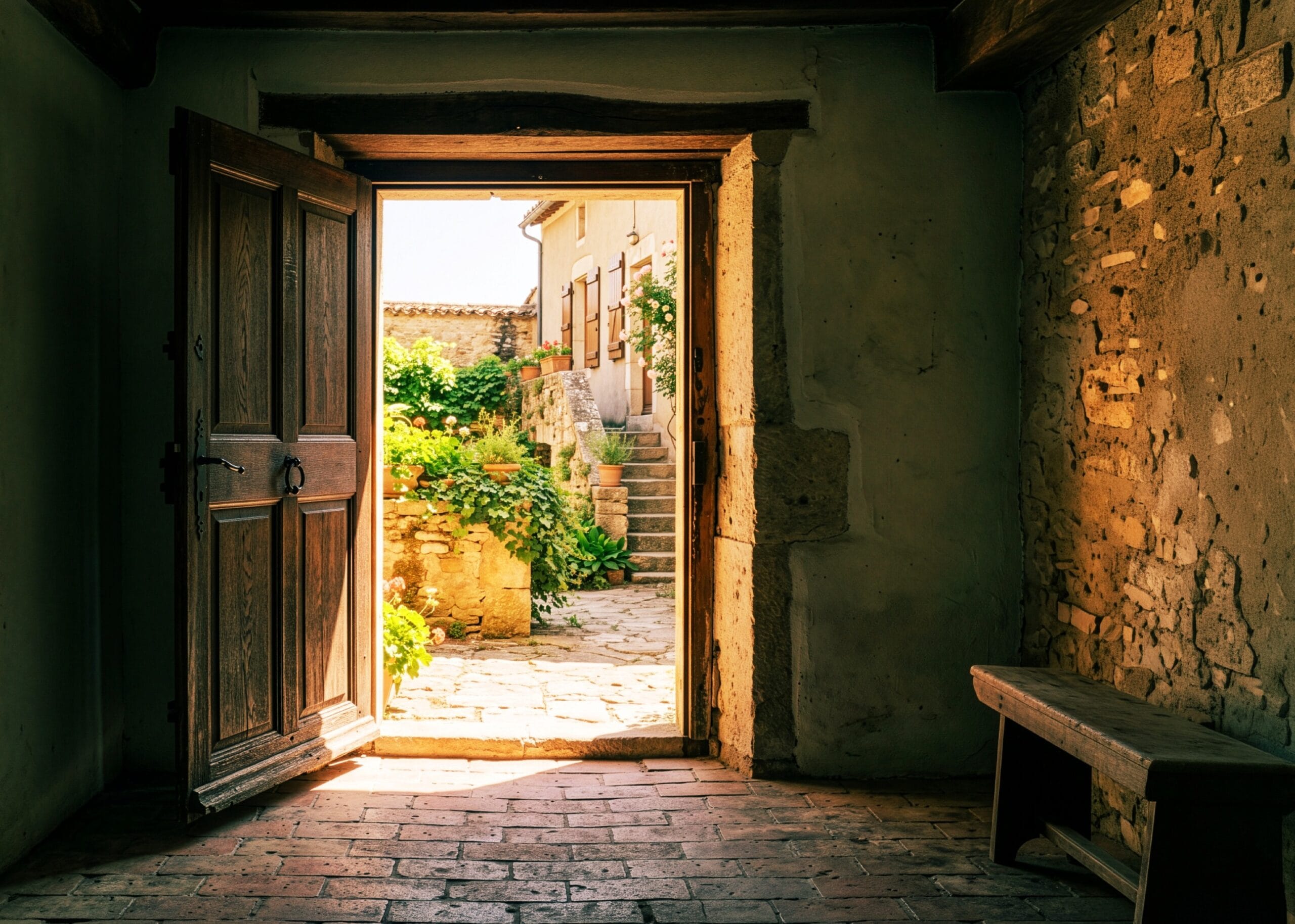 An open wooden door in a shadowed stone entryway, sunlit courtyard beyond, empty doorway, illustrating psychic protection