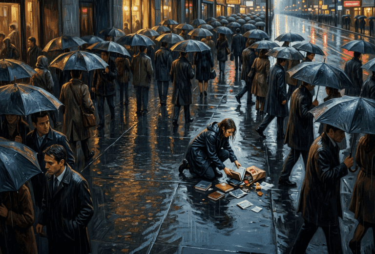 Oil painting of a crowded rainy city street where a woman kneels on the wet sidewalk gathering dropped books and groceries while everyone under umbrellas walks past without stopping