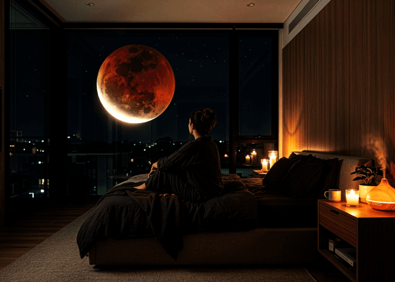 Woman watching the blood moon's deep partial lunar eclipse from her bed, candlelight and diffuser mist in a modern bedroom