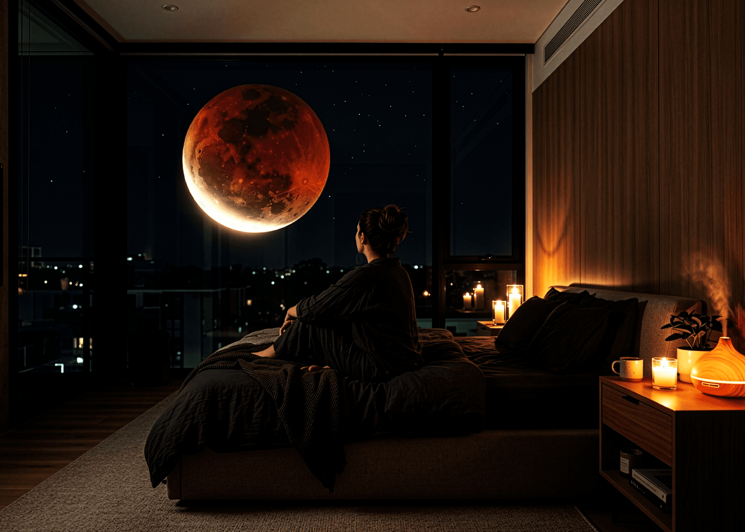 Woman watching the blood moon's deep partial lunar eclipse from her bed, candlelight and diffuser mist in a modern bedroom