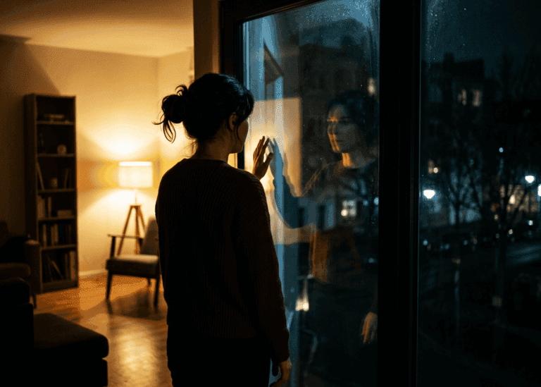 Woman standing at a rain-flecked window at night, hand pressed to the glass, warm lamp light behind her against the cool blue of the city outside
