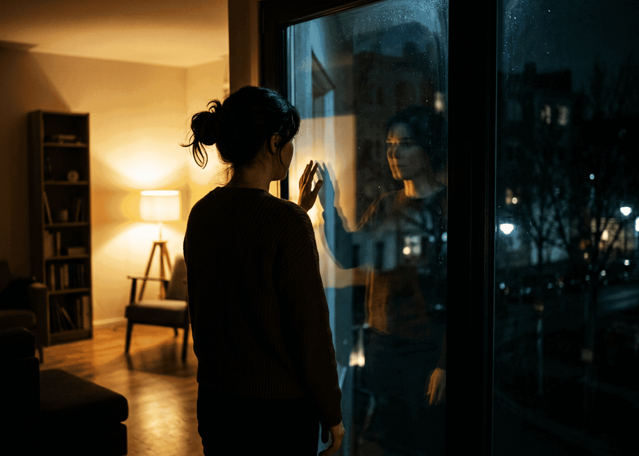Woman standing at a rain-flecked window at night, hand pressed to the glass, warm lamp light behind her against the cool blue of the city outside