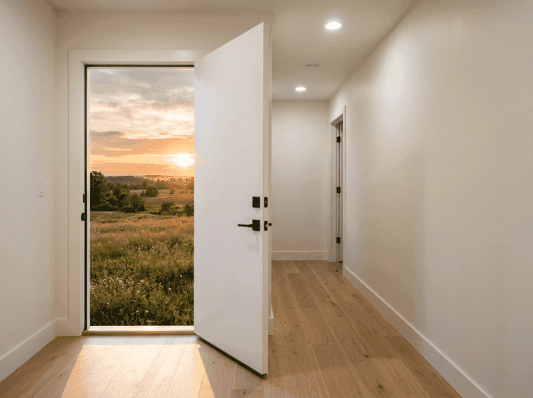 Open door in a modern white hallway looking out onto a golden sunset field.