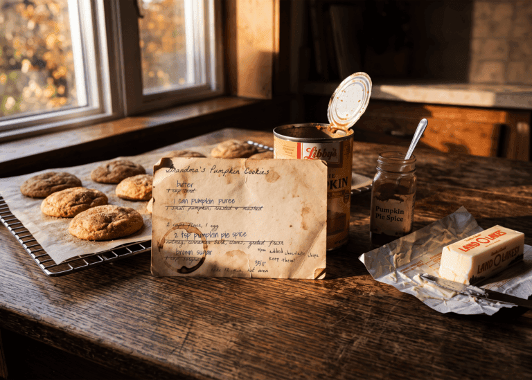 Old pumpkin cookie recipe card edited by three generations, for a post on whether the veil is thinner in October