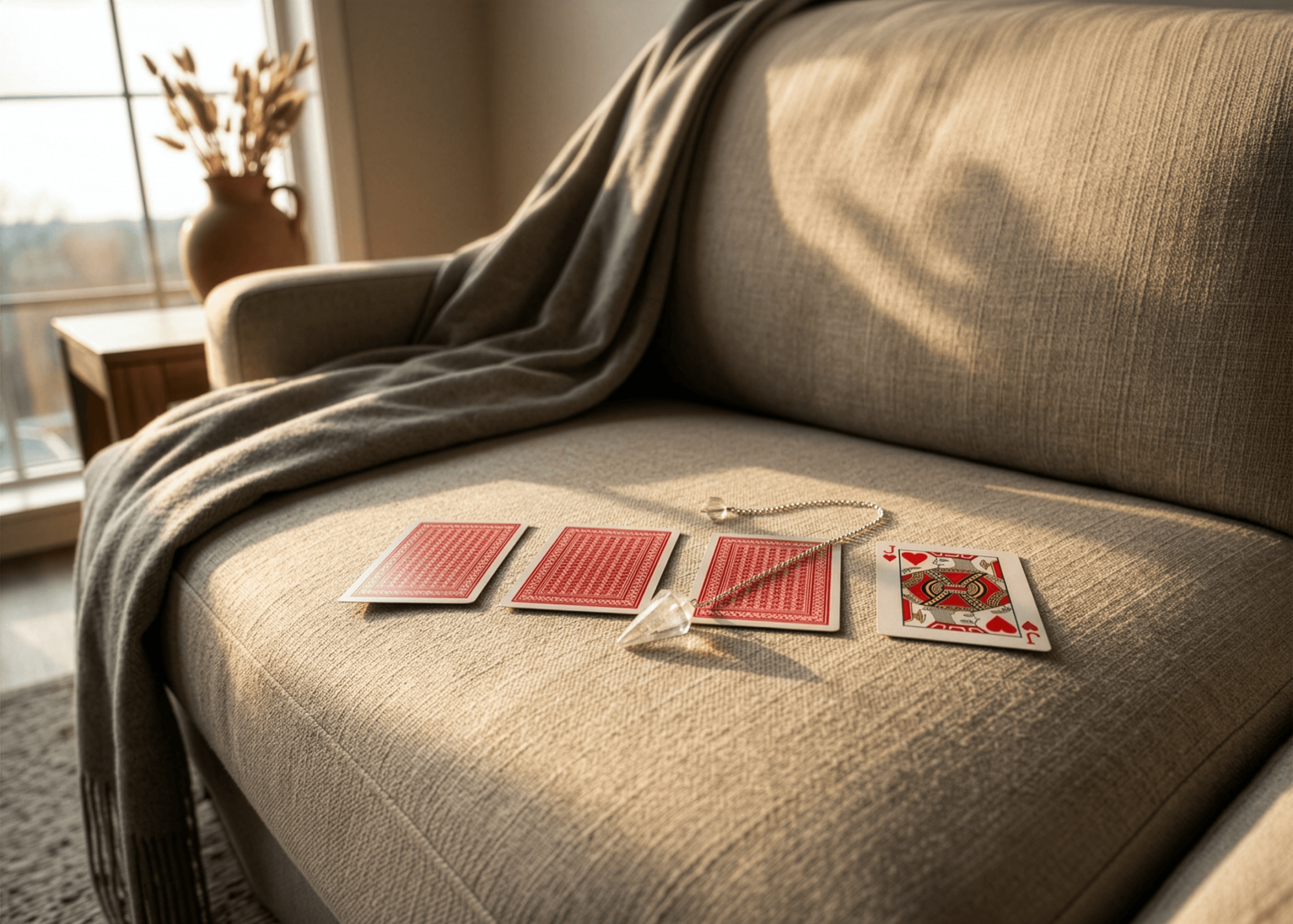 Three red playing cards face down beside a jack of hearts face up on a linen couch, with a clear quartz pendulum and chain resting between them